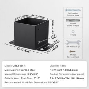 6x6 post base 4 pcs, inner size 5.6"x5.6" post base brackets, heavy duty powder coated post anchor matte black wood post brackets for pavilion deck railing support deck base plate