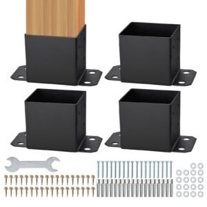 6x6 post base 4 pcs, inner size 5.6"x5.6" post base brackets, heavy duty powder coated post anchor matte black wood post brackets for pavilion deck railing support deck base plate