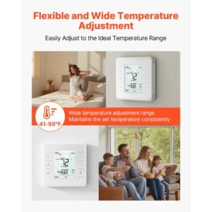 7 day programmable thermostat, home thermostats for heat pump,air conditioner,underfloor heating, led screen with backlight & 1cool+1heat,energy efficient,wide temp range,white