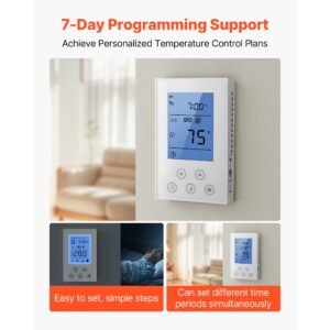 7 day programmable thermostat, home thermostats for radiant underfloor heating cable,heat pump, built in gfci & sensitive sensor, led screen with backlight,energy efficient,white