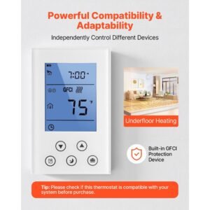 7 day programmable thermostat, home thermostats for radiant underfloor heating cable,heat pump, built in gfci & sensitive sensor, led screen with backlight,energy efficient,white