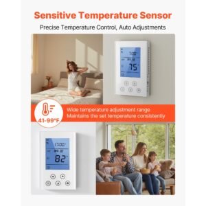 7 day programmable thermostat, home thermostats for radiant underfloor heating cable,heat pump, built in gfci & sensitive sensor, led screen with backlight,energy efficient,white