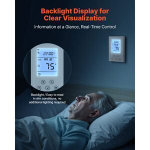 7 day programmable thermostat, home thermostats for radiant underfloor heating cable,heat pump, built in gfci & sensitive sensor, led screen with backlight,energy efficient,white