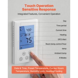7 day programmable thermostat, home thermostats for radiant underfloor heating cable,heat pump, built in gfci & sensitive sensor, led screen with backlight,energy efficient,white