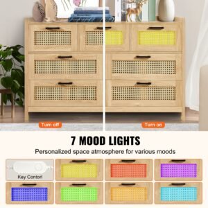 7 drawer rattan dresser, natural rattan wood dressers with led light, modern wood chest clothing organizer & storage boho dresser with sturdy handles & legs, for bedroom, living room & hallway