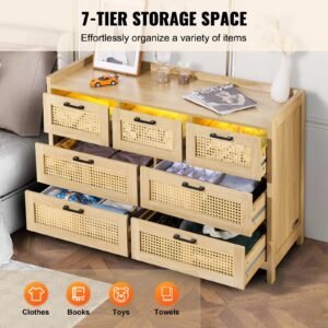 7 drawer rattan dresser, natural rattan wood dressers with led light, modern wood chest clothing organizer & storage boho dresser with sturdy handles & legs, for bedroom, living room & hallway