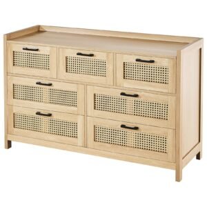 7 Drawer Rattan Dresser, Natural Rattan Wood Dressers with LED Light, Modern Wood Chest Clothing Organizer & Storage Boho Dresser with Sturdy Handles & Legs, for Bedroom, Living Room & Hallway