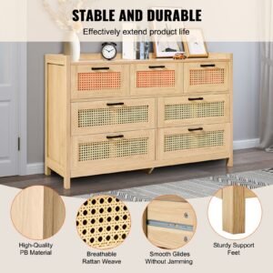 7 drawer rattan dresser, natural rattan wood dressers with led light, modern wood chest clothing organizer & storage boho dresser with sturdy handles & legs, for bedroom, living room & hallway