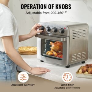 7 in 1 air fryer toaster oven, 18l convection oven, 1700w stainless steel toaster ovens countertop combo with grill, pizza pan, gloves, 6 slices toast, 12 inch pizza, home and commercial use