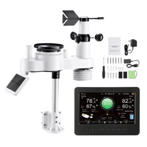 7 in 1 wi fi weather station, 7 inch tft display, wireless solar powered outdoor sensor, rain gauge, indoor outdoor for weather forecast, wind speed direction, temperature, humidity, rainfall