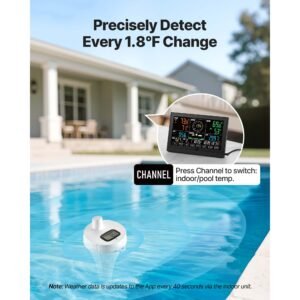 7 in 1 wi fi weather station with app, 7.5 in display, wireless solar powered outdoor sensor, with pool thermometer, rain gauge, indoor outdoor for weather forecast, wind speed, pool temperature