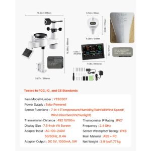 7 in 1 wi fi weather station with app, 7.5 in display, wireless solar powered outdoor sensor, with pool thermometer, rain gauge, indoor outdoor for weather forecast, wind speed, pool temperature