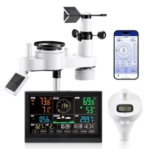 7 in 1 wi fi weather station with app, 7.5 in display, wireless solar powered outdoor sensor, with pool thermometer, rain gauge, indoor outdoor for weather forecast, wind speed, pool temperature