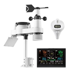 7 in 1 wi fi weather station with app, 7.5 in display, wireless solar powered outdoor sensor, with pool thermometer, rain gauge, indoor outdoor for weather forecast, wind speed, pool temperature