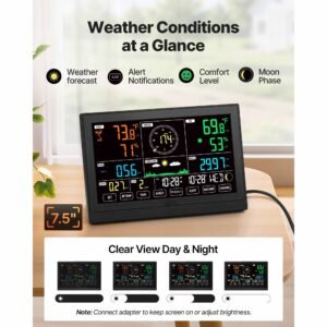 7 in 1 wi fi weather station with app, 7.5 inch va display, wireless solar powered outdoor sensor, rain gauge, indoor outdoor for weather forecast, wind speed, temperature, humidity, rainfall