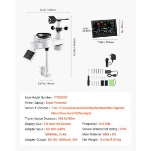 7 in 1 wi fi weather station with app, 7.5 inch va display, wireless solar powered outdoor sensor, rain gauge, indoor outdoor for weather forecast, wind speed, temperature, humidity, rainfall
