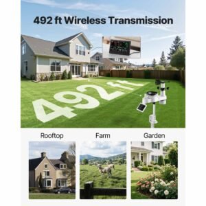 7 in 1 wireless weather station, 7.5 inch va display, solar powered outdoor sensor, rain gauge, indoor outdoor for weather forecast, temperature, humidity, wind speed and direction (no wifi)
