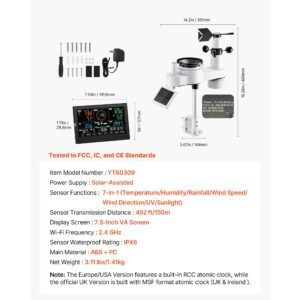 7 in 1 wireless weather station, 7.5 inch va display, solar powered outdoor sensor, rain gauge, indoor outdoor for weather forecast, temperature, humidity, wind speed and direction (no wifi)