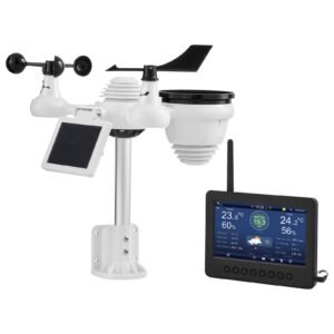 7 in 1 wireless weather station with wi fi, 7" tft colorful display, solar powered outdoor sensor, indoor & outdoor monitoring, includes temperature, humidity, wind speed/direction, and rainfall
