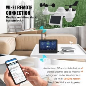7 in 1 wireless weather station with wi fi, 7" tft colorful display, solar powered outdoor sensor, indoor & outdoor monitoring, includes temperature, humidity, wind speed/direction, and rainfall
