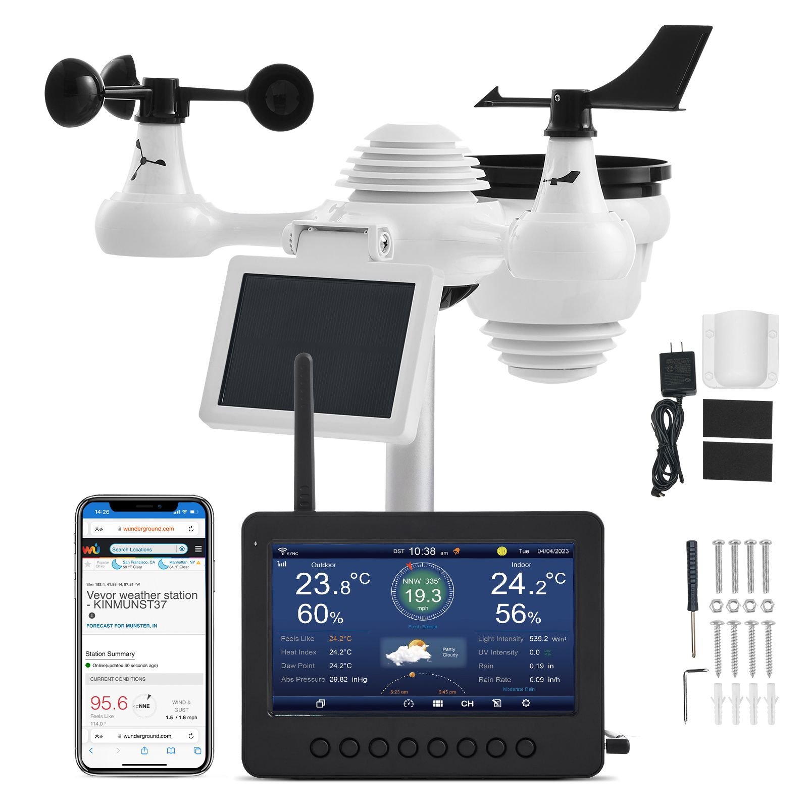 7 in 1 wireless weather station with wi fi, 7" tft colorful display, solar powered outdoor sensor, indoor & outdoor monitoring, includes temperature, humidity, wind speed/direction, and rainfall