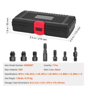 7 piece thread chaser set, metric thread restorer tool m10 m12 m14 m18 m20 m22, rethreading tool kit with storage case, heat treated carbon steel, for automotive thread repair applications