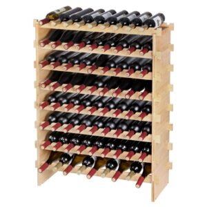 72 bottle stackable modular wine rack, 8 tier solid bamboo wood storage racks, floor freestanding wines holder display shelf, wobble free shelves for kitchen, bar, and cellar (natural color)