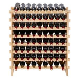 72 bottle stackable modular wine rack, 8 tier solid bamboo wood storage racks, floor freestanding wines holder display shelf, wobble free shelves for kitchen, bar, and cellar (natural color)