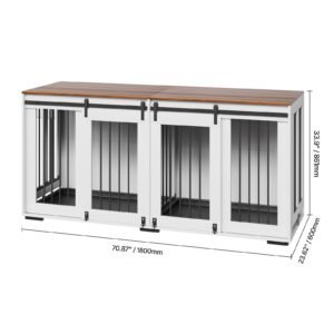 72" dog crate furniture for 2 dogs, double dog crate furniture with double sliding doors, large dog crate tv stand with removable tray, steel frame double dog crate, white