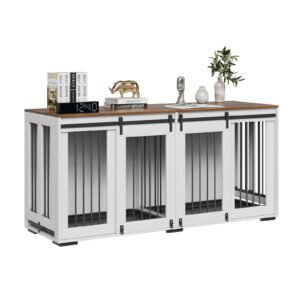 72" dog crate furniture for 2 dogs, double dog crate furniture with double sliding doors, large dog crate tv stand with removable tray, steel frame double dog crate, white