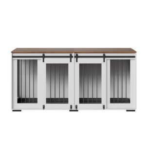 72" dog crate furniture for 2 dogs, double dog crate furniture with double sliding doors, large dog crate tv stand with removable tray, steel frame double dog crate, white