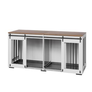 72" dog crate furniture for 2 dogs, double dog crate furniture with double sliding doors, large dog crate tv stand with removable tray, steel frame double dog crate, white