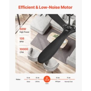 72 inch ceiling fan without light, 6 speed remote control, 3 wood blade, reversible dc motor, modern low profile flush mount exterior fan for bedroom, living room, patio, indoor/outdoor, black
