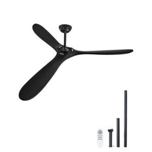 72 Inch Ceiling Fan without Light, 6-Speed Remote Control, 3-Wood-Blade, Reversible DC Motor, Modern Low Profile Flush Mount Exterior Fan for Bedroom, Living Room, Patio, Indoor/Outdoor, Black