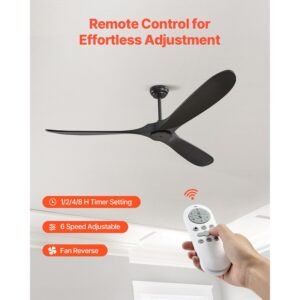 72 inch ceiling fan without light, 6 speed remote control, 3 wood blade, reversible dc motor, modern low profile flush mount exterior fan for bedroom, living room, patio, indoor/outdoor, black