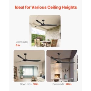 72 inch ceiling fan without light, 6 speed remote control, 3 wood blade, reversible dc motor, modern low profile flush mount exterior fan for bedroom, living room, patio, indoor/outdoor, black