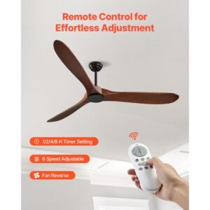 72 inch ceiling fan without light, 6 speed remote control, 3 wood blade, reversible dc motor, modern low profile flush mount exterior fan for bedroom, living room, patio, indoor/outdoor, walnut