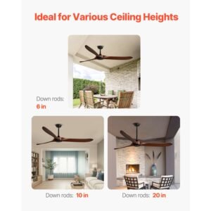 72 inch ceiling fan without light, 6 speed remote control, 3 wood blade, reversible dc motor, modern low profile flush mount exterior fan for bedroom, living room, patio, indoor/outdoor, walnut