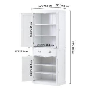72" kitchen pantry storage cabinet, freestanding utility cabinets with doors, drawer and 3 adjustable shelves, tall food buffet pantries for kitchen, living room, dinning room, laundry, white