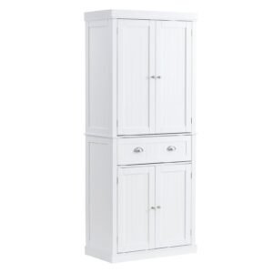 72" kitchen pantry storage cabinet, freestanding utility cabinets with doors, drawer and 3 adjustable shelves, tall food buffet pantries for kitchen, living room, dinning room, laundry, white