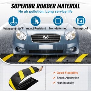 72'' rubber speed bump, dual channel, supports up to 22000 lbs, durable traffic speed hump with bright yellow reflective strip, includes 4 expansion screws & drill for asphalt, concrete, grav