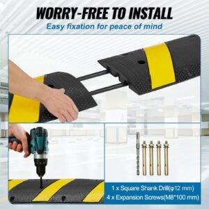 72'' rubber speed bump, dual channel, supports up to 22000 lbs, durable traffic speed hump with bright yellow reflective strip, includes 4 expansion screws & drill for asphalt, concrete, grav