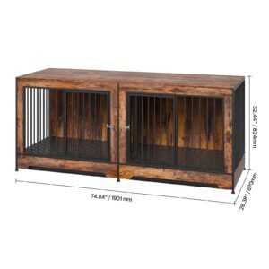 75" dog crate furniture for 2 dogs, extra large double dog crate furniture large breed with divider & double doors, large wooden dog crate furniture tv stand for medium large dogs brown