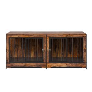 75" dog crate furniture for 2 dogs, extra large double dog crate furniture large breed with divider & double doors, large wooden dog crate furniture tv stand for medium large dogs brown