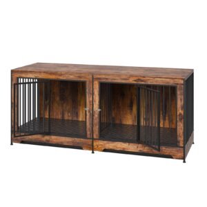 75" dog crate furniture for 2 dogs, extra large double dog crate furniture large breed with divider & double doors, large wooden dog crate furniture tv stand for medium large dogs brown