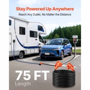 75 FT RV Extension Cord, 30 Amp, 125V 2500W Heavy Duty STW 10/3 Gauge Wire, NEMA TT-30P Male NEMA TT-30R Female Plug, with LED Power Indicator, Handle, 15A Adapter, for RV Trailer, ETL Listed