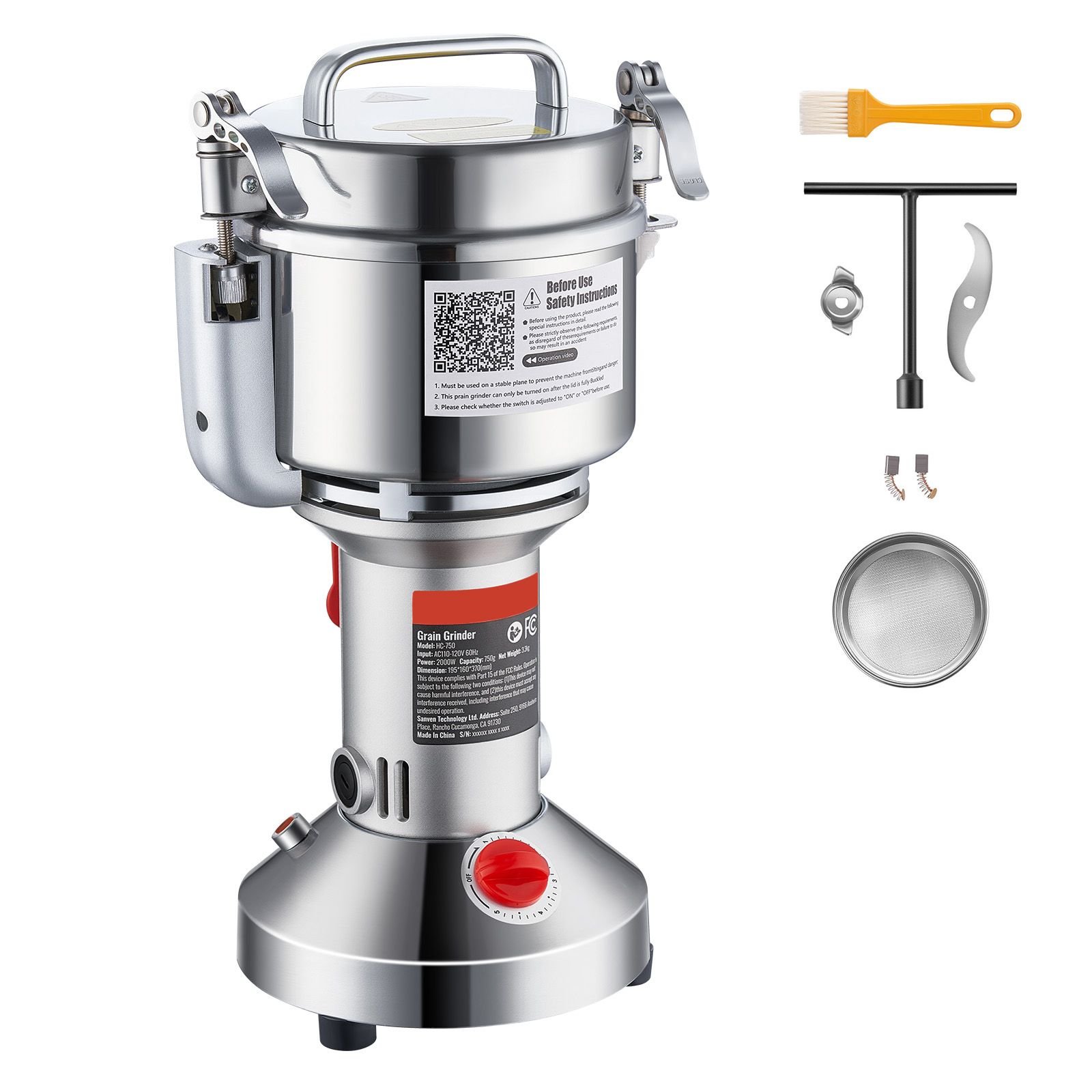 750g electric grain mill grinder, high speed 2000w commercial spice grinders, stainless steel pulverizer powder machine, for dry grains spices cereals coffee corn pepper, straight type