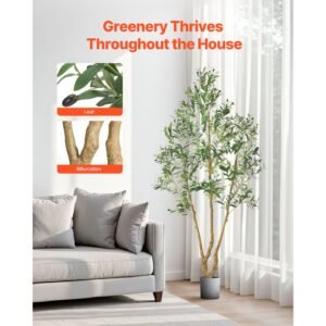 7ft artificial olive tree with black pot, tall fake tree with natural wood trunk & realistic green leaves and fruits, indoor faux plant for home, office, living room, corner decor