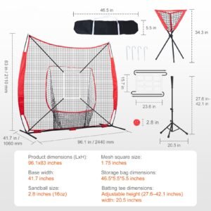 7x7 ft baseball softball practice net, portable baseball training net for hitting catching pitching, backstop baseball equipment with bow frame, carry bag, strike zone, ball, tee, ball collector