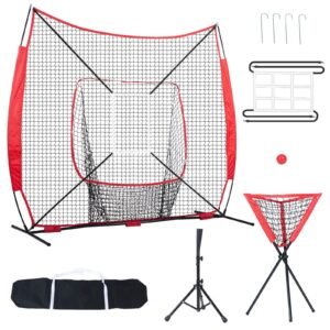 7x7 ft baseball softball practice net, portable baseball training net for hitting catching pitching, backstop baseball equipment with bow frame, carry bag, strike zone, ball, tee, ball collector